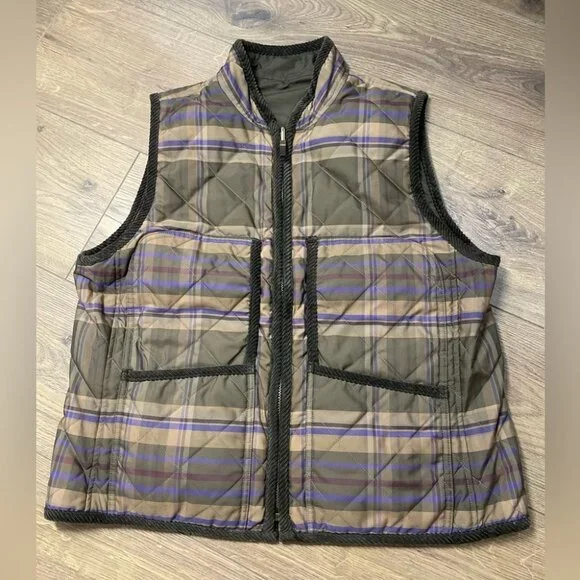 Lauren Ralph Lauren Vintage 90s Reversible Vest Plaid Brown Corduroy Zip Front L - Picture 2 of 6